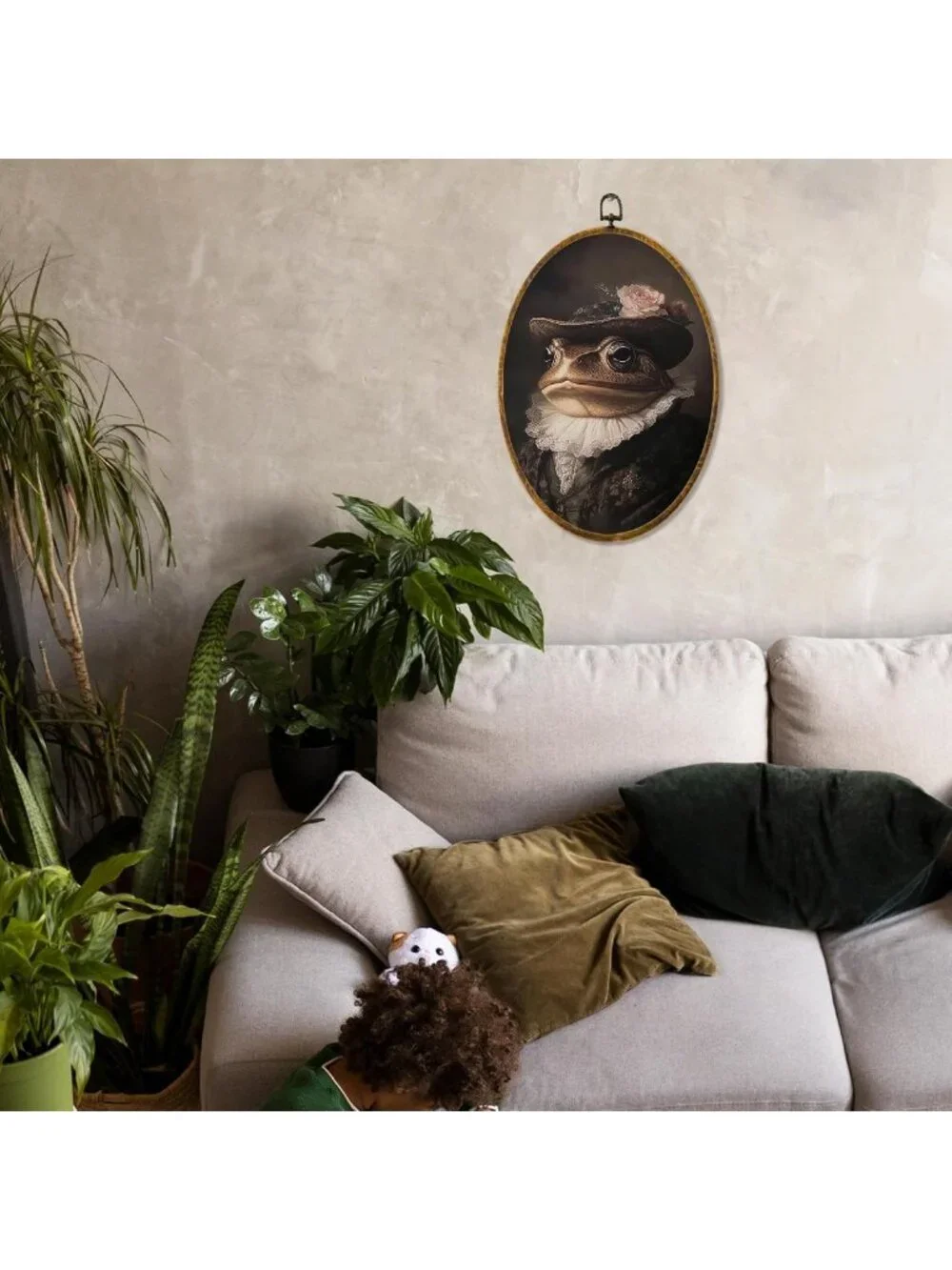 Vintage Frog Oval Wall Art, Dark Academia Floral Canvas Print, Cottagecore